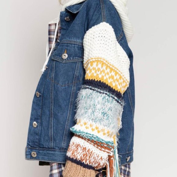 Knit Sleeve Denim Jacket - Picture 2 of 5